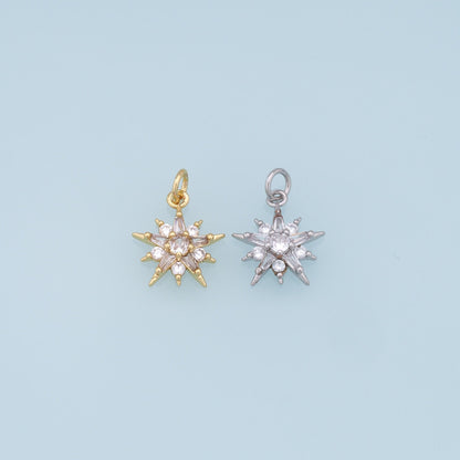 Gold Star Charms,18K Gold Filled Starburst Pendant,CZ North Star Charm Bracelet Necklace for DIY Jewelry Making Supply