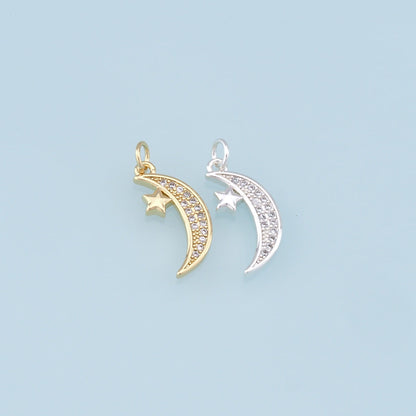 Gold Moon Star Charms,18K Gold Filled CZ Sun Pendant,Celestial Charm Bracelet Necklace for DIY Jewelry Making Supply