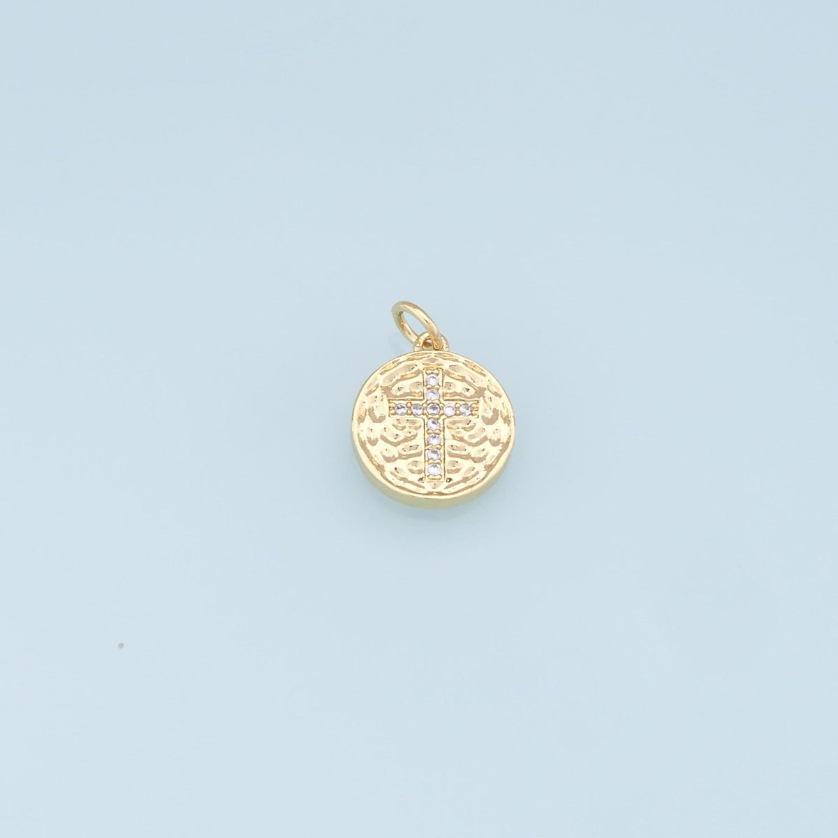 Gold Cross Charms,18K Gold Filled Round Coin Cross Pendant,CZ Micro Pave Religious Charm Bracelet Necklace for DIY Jewelry Ma