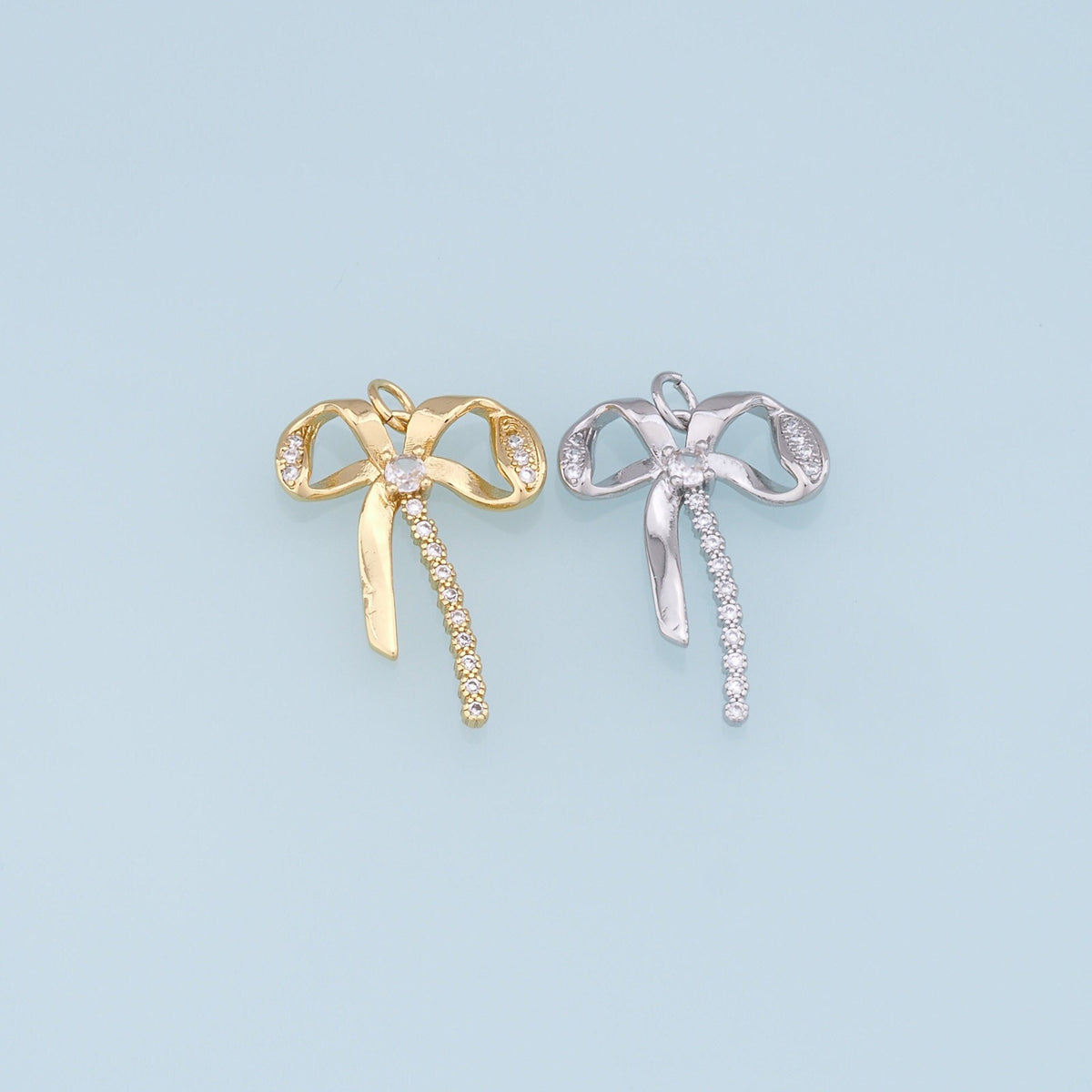 Gold Bow Charms,18K Gold Filled CZ Bow Pendant,Silver bow tie Charm Bracelet Necklace for DIY Jewelry Making Supply
