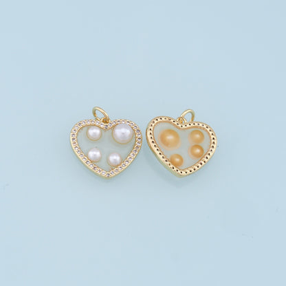 Gold Heart Pearl Charms,18K Gold Filled Clear Enamel Heart Pendant,CZ Micro Pave Heart Charm Bracelet Necklace for DIY Jewelry Making Supply