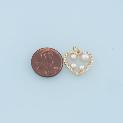 Gold Heart Pearl Charms,18K Gold Filled Clear Enamel Heart Pendant,CZ Micro Pave Heart Charm Bracelet Necklace for DIY Jewelry Making Supply