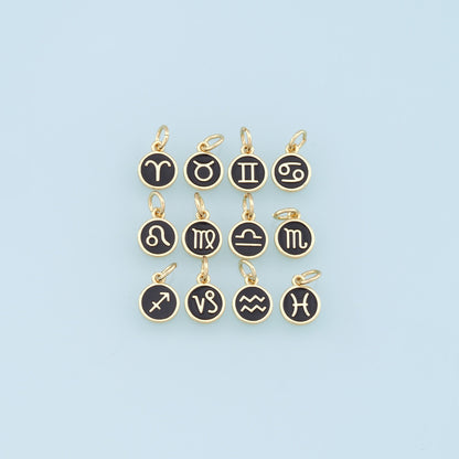18K Gold Filled Enamel Zodiac Constellation Charms,Zodiac Symbol,Black Horoscope Charm,Gold Astrological Zodiac Sign Minimali
