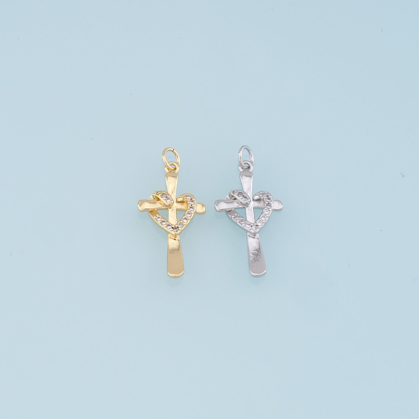 Gold Heart Cross Charms,18K Gold Filled Heart Pendant,CZ Cross Charm Bracelet Necklace for DIY Jewelry Making Supply