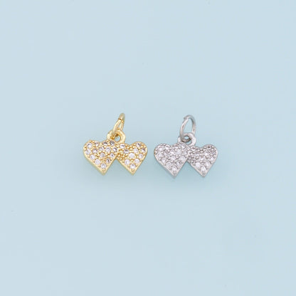 Gold Double Heart Charms,18K Gold Filled Heart Pendant,CZ Micro Pave Heart Charm Bracelet Necklace for DIY Jewelry Making Supply