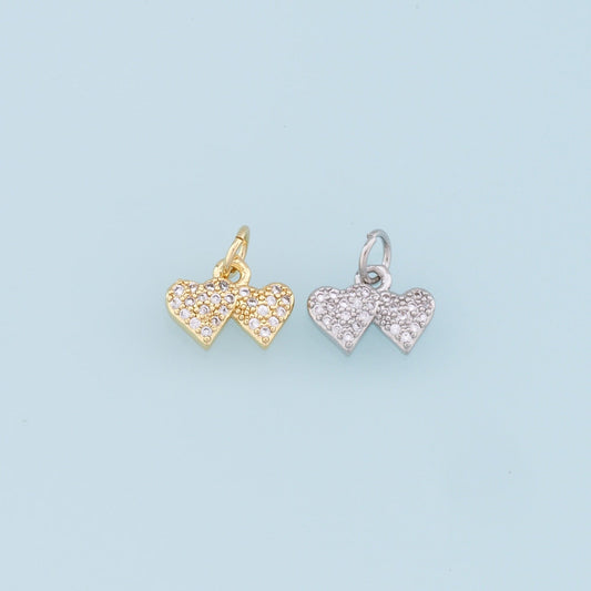 Gold Double Heart Charms,18K Gold Filled Heart Pendant,CZ Micro Pave Heart Charm Bracelet Necklace for DIY Jewelry Making Supply