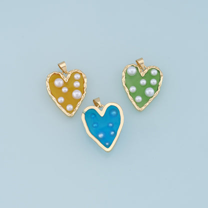Gold Heart Pearl Charms,18K Gold Filled Clear Enamel Heart Pendant,Color Heart Charm Bracelet Necklace for DIY Jewelry Making Supply