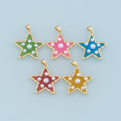Gold Pearl Star Charms,18K Gold Filled Clear Enamel Star Pendant,Color Star Charm Bracelet Necklace for DIY Jewelry Making Su