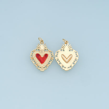 Gold Red sacred Heart Charms,18K Gold Filled flame sacred heart Pendant,Religious Charm Bracelet Necklace for DIY Jewelry Mak