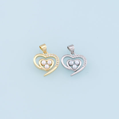 Gold Heart Pearl Charms,18K Gold Filled Heart Pendant,CZ Micro Pave Heart Charm Bracelet Necklace for DIY Jewelry Making Supply