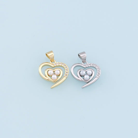 Gold Heart Pearl Charms,18K Gold Filled Heart Pendant,CZ Micro Pave Heart Charm Bracelet Necklace for DIY Jewelry Making Supply