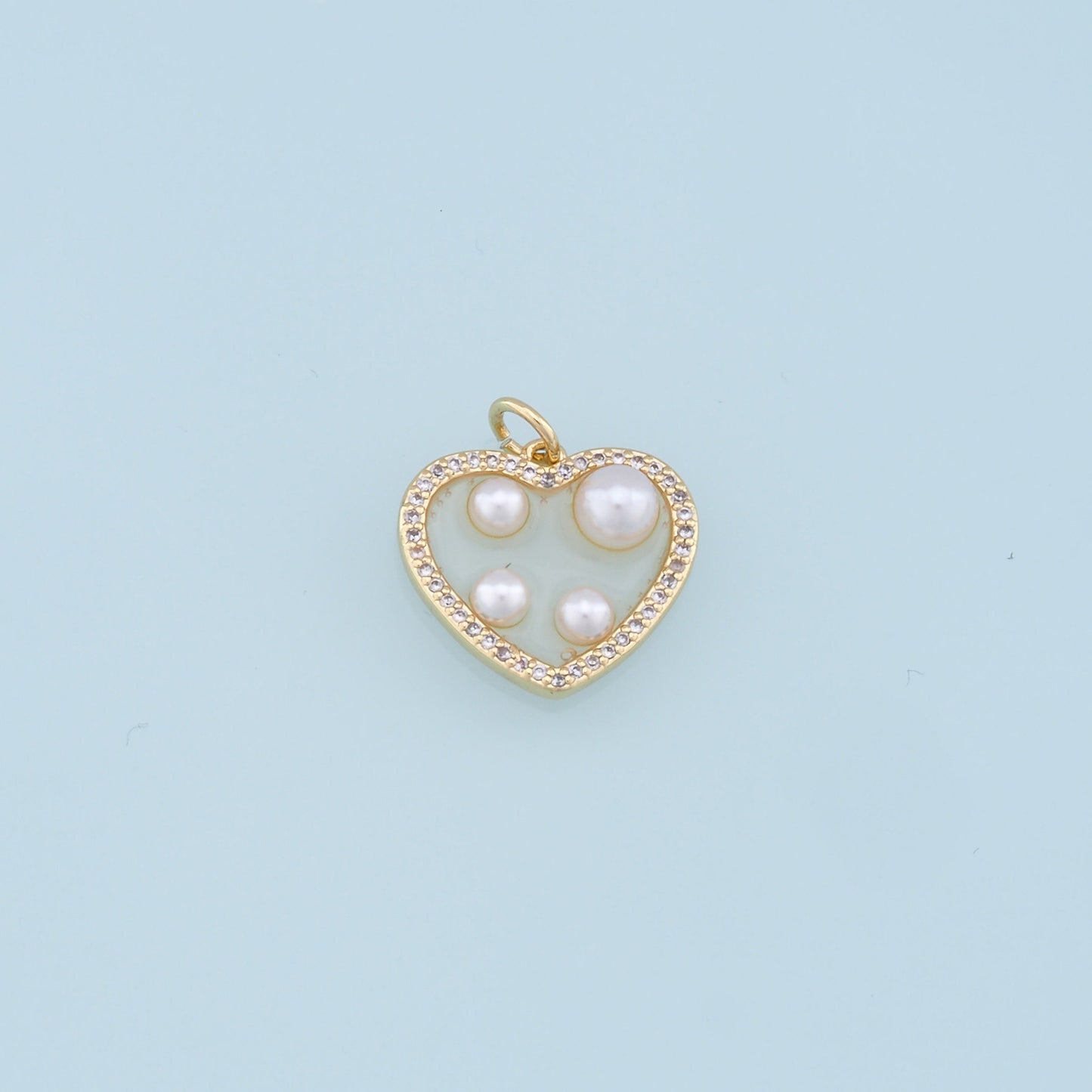 Gold Heart Pearl Charms,18K Gold Filled Clear Enamel Heart Pendant,CZ Micro Pave Heart Charm Bracelet Necklace for DIY Jewelry Making Supply