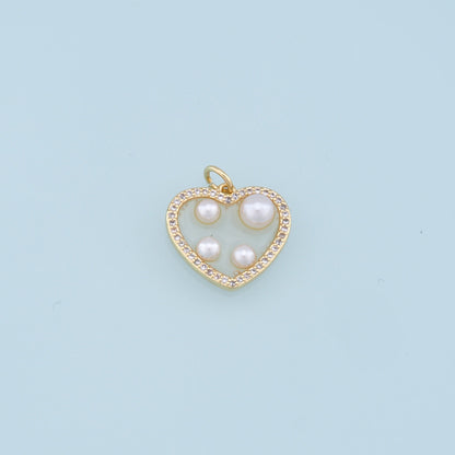 Gold Heart Pearl Charms,18K Gold Filled Clear Enamel Heart Pendant,CZ Micro Pave Heart Charm Bracelet Necklace for DIY Jewelry Making Supply