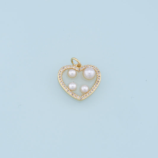 Gold Heart Pearl Charms,18K Gold Filled Clear Enamel Heart Pendant,CZ Micro Pave Heart Charm Bracelet Necklace for DIY Jewelry Making Supply