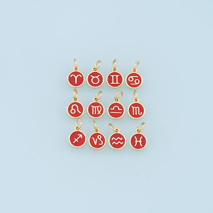 18K Gold Filled Enamel Zodiac Constellation Charms,Zodiac Symbol,Red Horoscope Charm,Gold Astrological Zodiac Sign Minimalist Jewelry