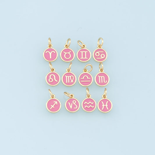 18K Gold Filled Enamel Zodiac Constellation Charms,Zodiac Symbol,Pink Horoscope Charm,Gold Astrological Zodiac Sign Minimalist Jewelry