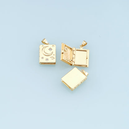 Gold Moon Star Charms,18K Gold Filled Openable Diary Book Pendant,Rectangle Star Charm Bracelet Necklace for DIY Jewelry Making Supply