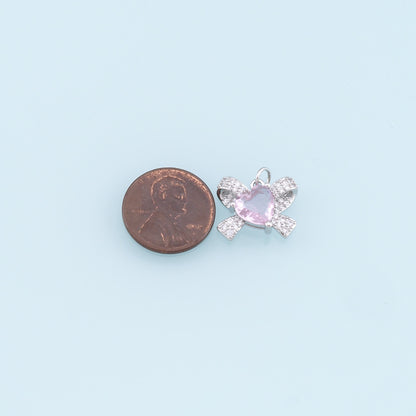 Gold Bow Charms,18K Gold Filled Bow Heart Pendant,CZ Micro Pave Bow Tie Charm Bracelet Necklace for DIY Jewelry Making Supply