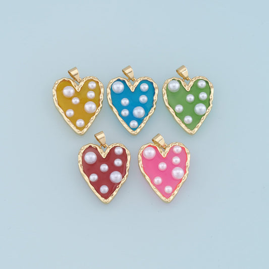 Gold Heart Pearl Charms,18K Gold Filled Clear Enamel Heart Pendant,Color Heart Charm Bracelet Necklace for DIY Jewelry Making Supply