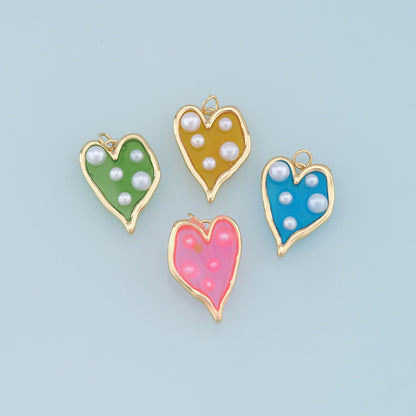 Gold Heart Pearl Charms,18K Gold Filled Clear Enamel Heart Pendant,Color Heart Charm Bracelet Necklace for DIY Jewelry Making