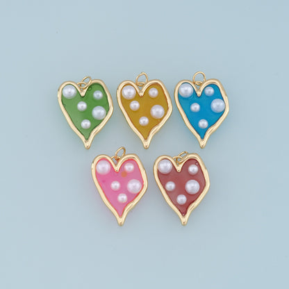 Gold Heart Pearl Charms,18K Gold Filled Clear Enamel Heart Pendant,Color Heart Charm Bracelet Necklace for DIY Jewelry Making