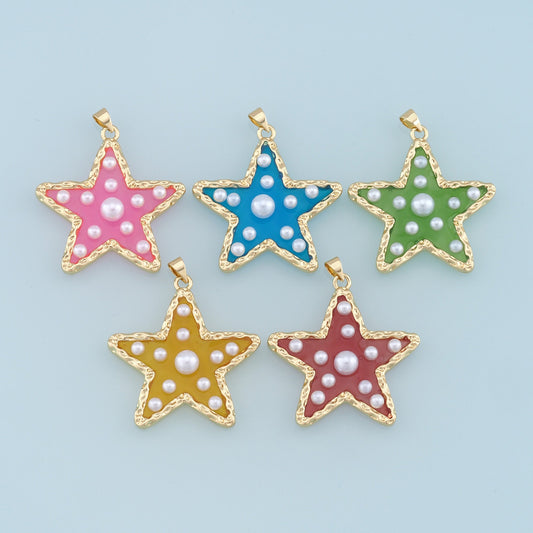 Gold Pearl Star Charms,18K Gold Filled Clear Enamel Star Pendant,Color Star Charm Bracelet Necklace for DIY Jewelry Making Su