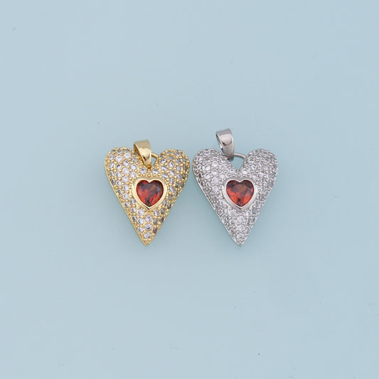 Gold Heart Charms,18K Gold Filled Red Heart Pendant,CZ Micro Pave Heart Charm Bracelet Necklace for DIY Jewelry Making Supply