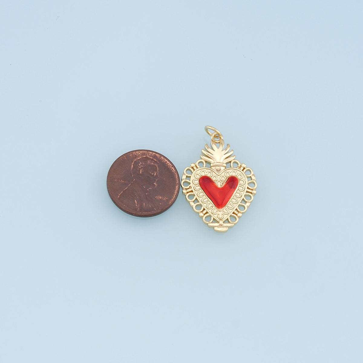 Gold Red sacred Heart Charms,18K Gold Filled flame sacred heart Pendant,Religious Charm Bracelet Necklace for DIY Jewelry Mak