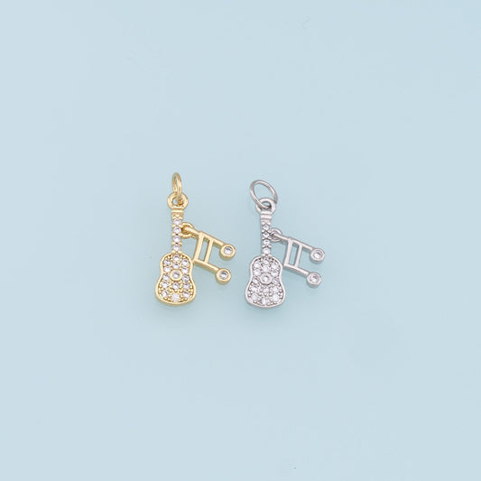Gold Guitar Charms,18K Gold Filled CZ Micro Pave Guitar Pendant,Music Charm Bracelet Necklace for DIY Jewelry Making Supply
