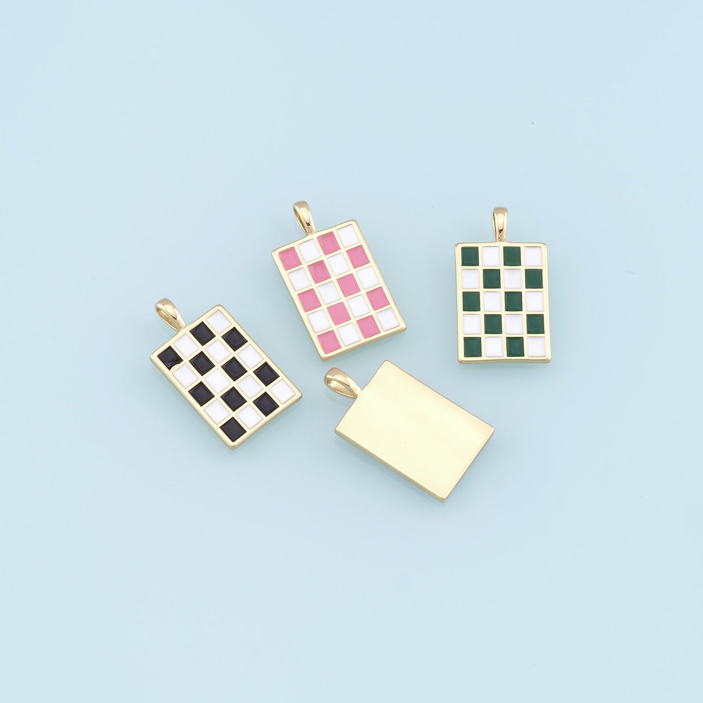 Gold Checkered Charms,18K Gold Filled Enamel Checkered Pendant,Checker Charm Bracelet Necklace for DIY Jewelry Making Supply