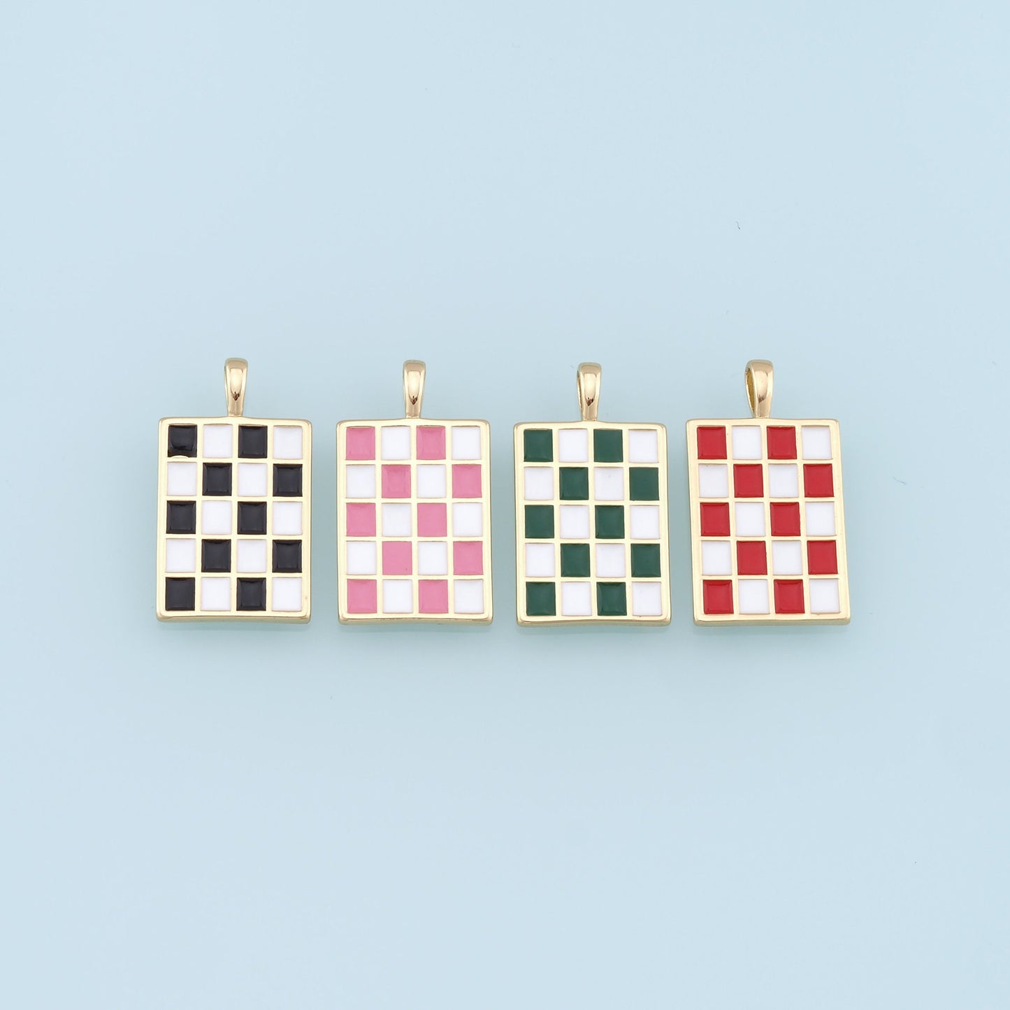 Gold Checkered Charms,18K Gold Filled Enamel Checkered Pendant,Checker Charm Bracelet Necklace for DIY Jewelry Making Supply