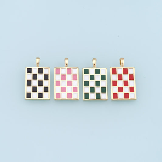 Gold Checkered Charms,18K Gold Filled Enamel Checkered Pendant,Checker Charm Bracelet Necklace for DIY Jewelry Making Supply