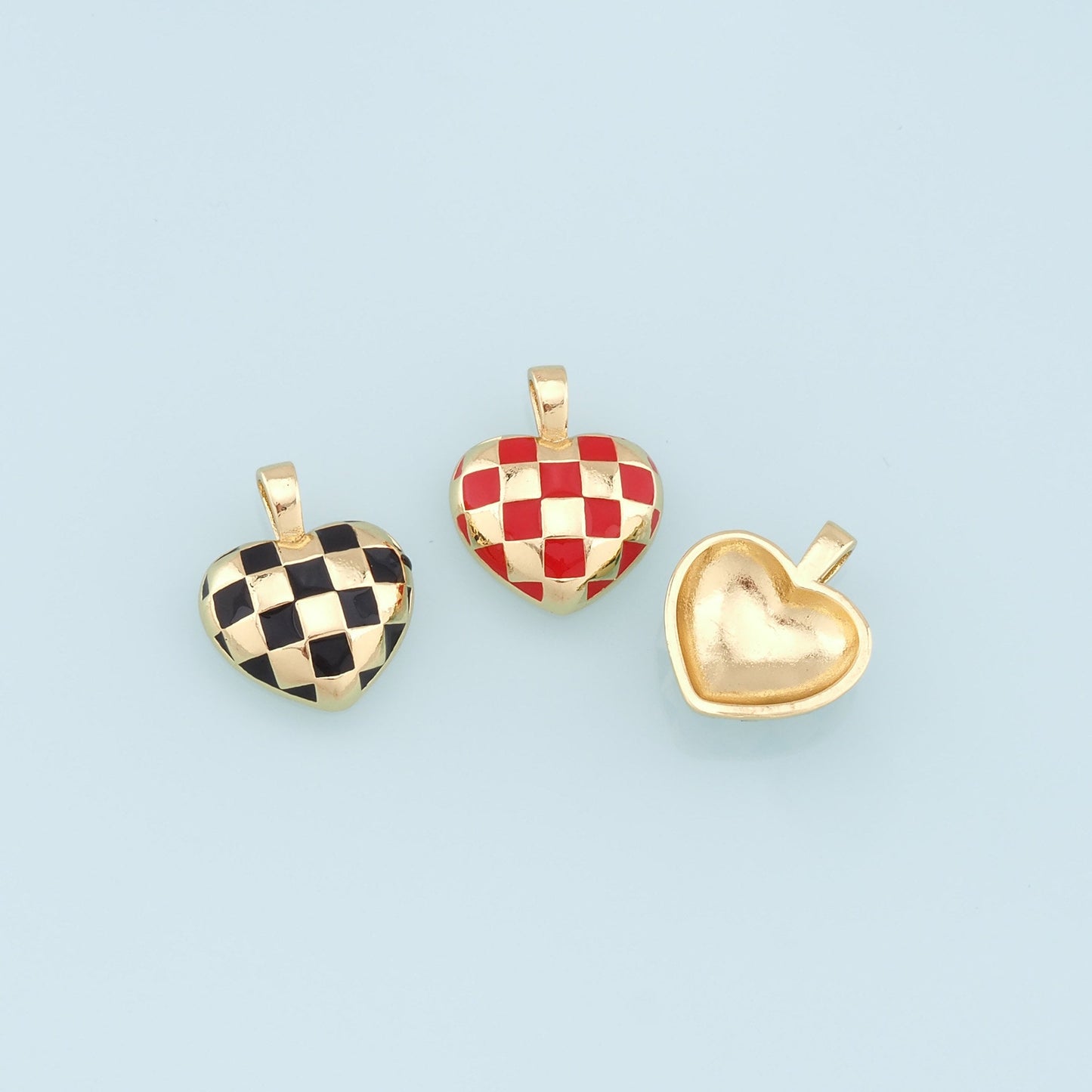 Gold Heart Checkered Charms,18K Gold Filled Enamel Checkered Pendant,Checker Charm Bracelet Necklace for DIY Jewelry Making Supply