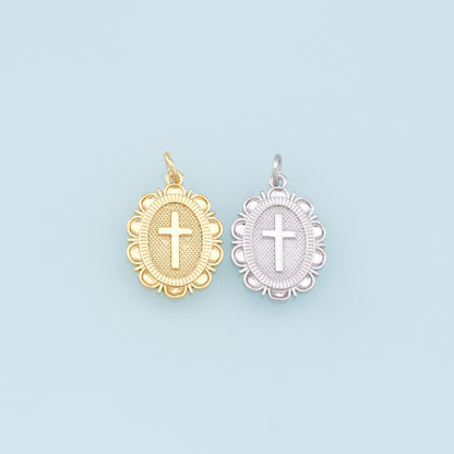 Gold Cross Charms,18K Gold Filled Oval Cross Pendant,Religion Charm Bracelet Necklace for DIY Jewelry Making Supply