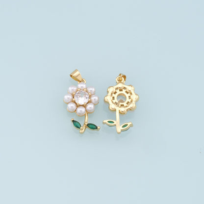 Gold Sunflower Charms,18K Gold Filled Sunflower Pendant,Pearl Sunflower Charm Bracelet Necklace for DIY Jewelry Making Supply
