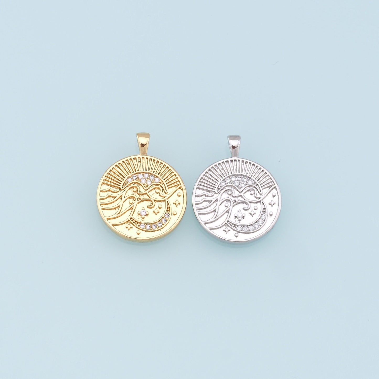 Gold Moon Star Charms,18K Gold Filled CZ Star Pendant,Round Moon Charm Bracelet Necklace for DIY Jewelry Making Supply