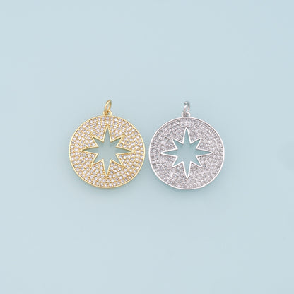 Gold Round Star Charms,18K Gold Filled Starburst Pendant,CZ Micro Pave North Star Charm Bracelet Necklace for DIY Jewelry Making Supply