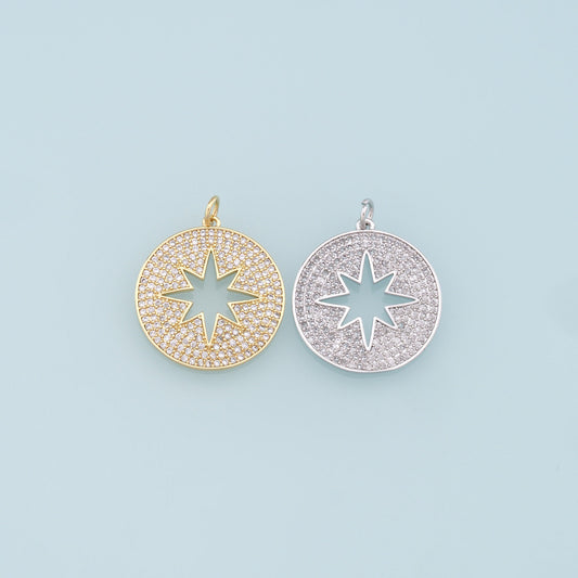 Gold Round Star Charms,18K Gold Filled Starburst Pendant,CZ Micro Pave North Star Charm Bracelet Necklace for DIY Jewelry Making Supply