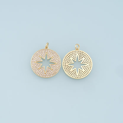 Gold Round Star Charms,18K Gold Filled Starburst Pendant,CZ Micro Pave North Star Charm Bracelet Necklace for DIY Jewelry Making Supply