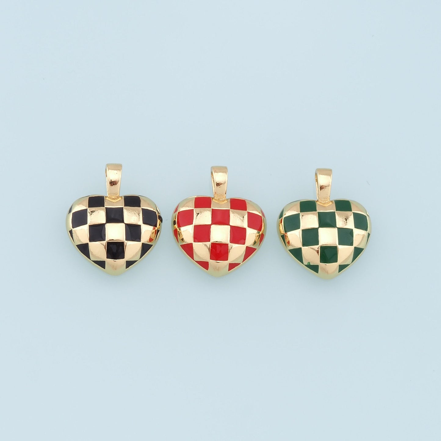 Gold Heart Checkered Charms,18K Gold Filled Enamel Checkered Pendant,Checker Charm Bracelet Necklace for DIY Jewelry Making Supply