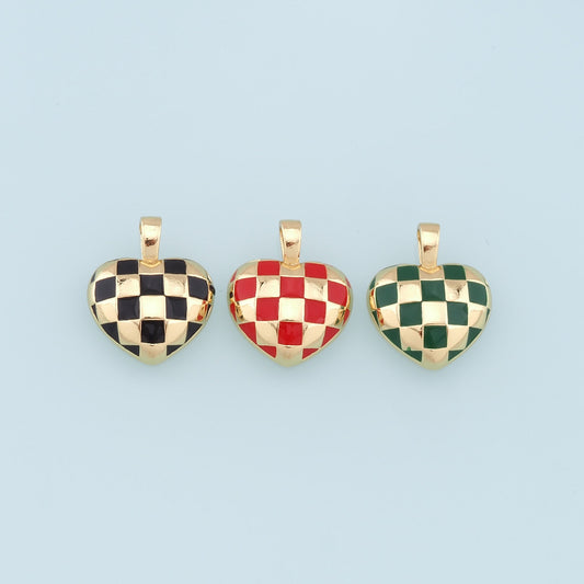 Gold Heart Checkered Charms,18K Gold Filled Enamel Checkered Pendant,Checker Charm Bracelet Necklace for DIY Jewelry Making Supply