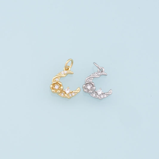 Gold Moon Charms,18K Gold Filled Moon Pendant,CZ Micro Pave Moon Charm Bracelet Necklace for DIY Jewelry Making Supply