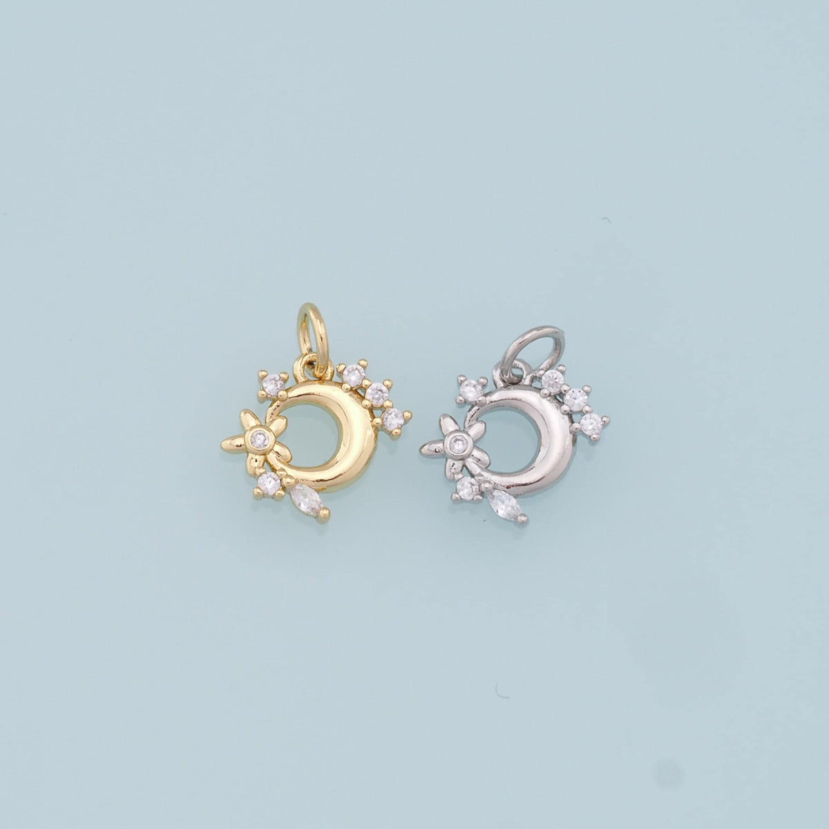 Gold Moon Charms,18K Gold Filled Moon Pendant,CZ Micro Pave Flowers Charm Bracelet Necklace for DIY Jewelry Making Supply