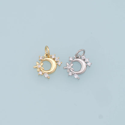 Gold Moon Charms,18K Gold Filled Moon Pendant,CZ Micro Pave Flowers Charm Bracelet Necklace for DIY Jewelry Making Supply