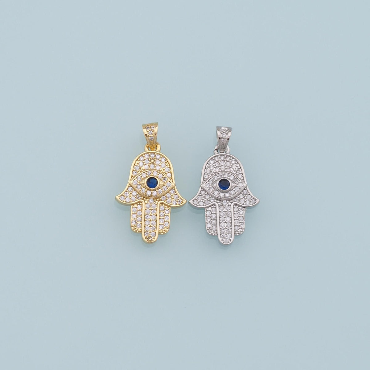 18K Gold Filled Hamsa Hand Pendant,Cubic Zirconia Hand Evil Eye Charm Necklace for DIY Jewelry Making Supply