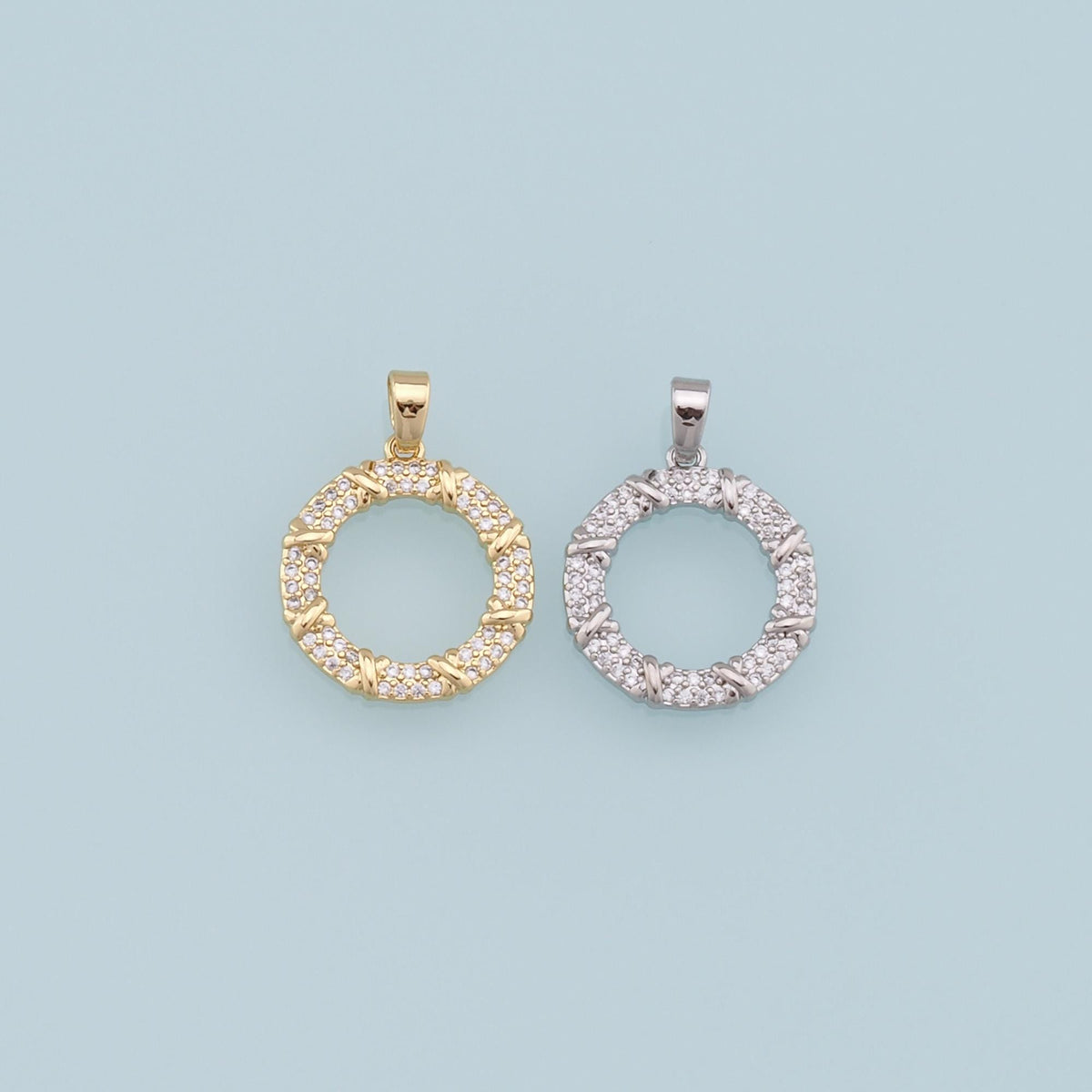 Gold Round Charms,18K Gold Filled CZ Round Pendant,Silver geometry Charm Bracelet Necklace for DIY Jewelry Making Supply