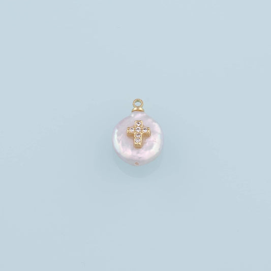 18K Gold Filled Pearl Cross Pendant,CZ Micro Pave Cross Charm Bracelet Necklace for DIY Jewelry Making Supply