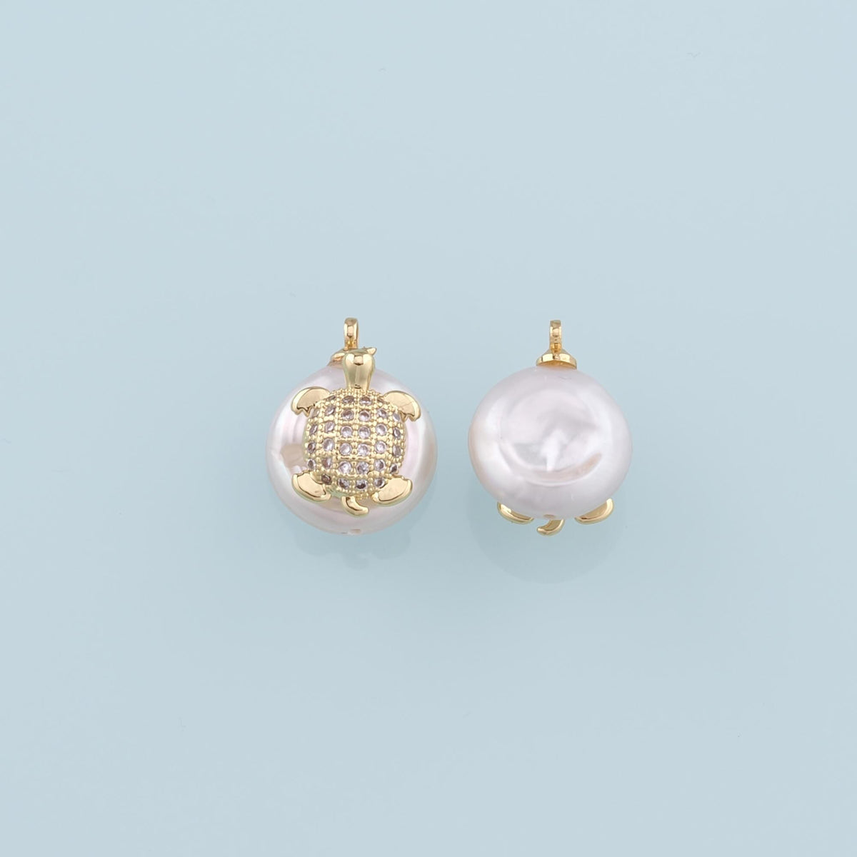 18K Gold Filled Pearl Turtle Pendant,CZ Micro Pave Turtle Charm Bracelet Necklace for DIY Jewelry Making Supply