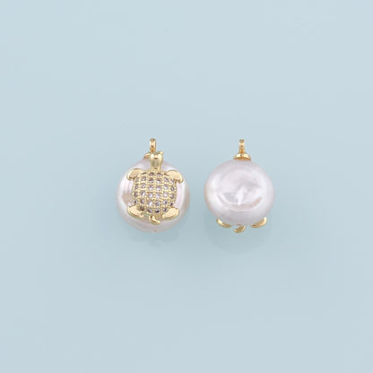 18K Gold Filled Pearl Turtle Pendant,CZ Micro Pave Turtle Charm Bracelet Necklace for DIY Jewelry Making Supply