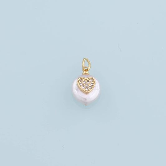 18K Gold Filled Pearl Heart Pendant,CZ Micro Pave Heart Charm Bracelet Necklace for DIY Jewelry Making Supply